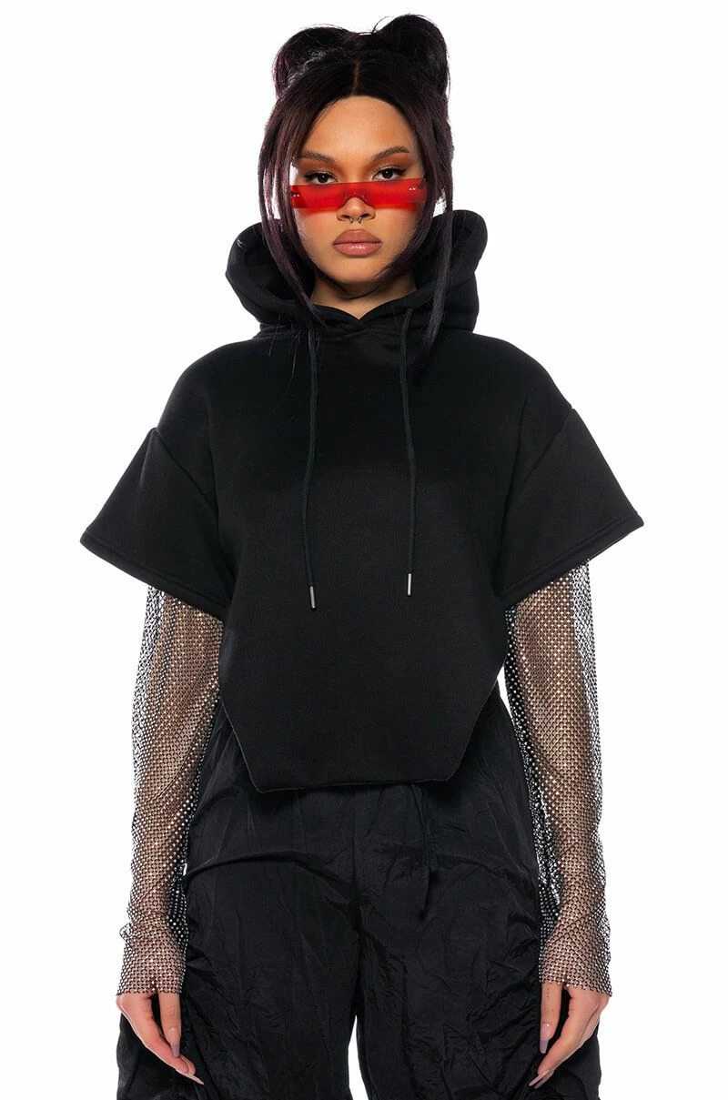 ALL I GOT SHORT SLEEVE RHINESTONE DETAIL HOODIE