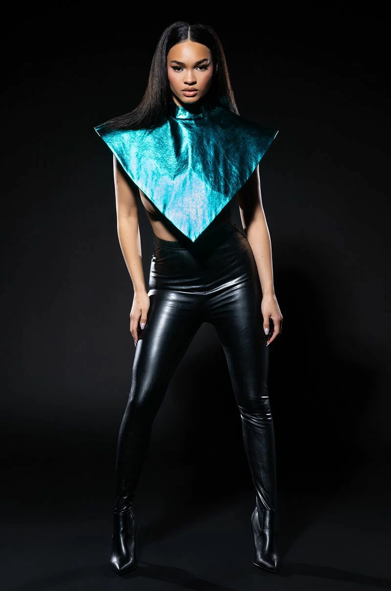 ARIA METALLIC FAUX LEATHER MOCK NECK TRIANGLE BLOUSE - Image 2