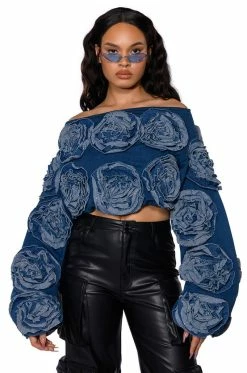 BOUQUET WISHES DENIM OFF THE SHOULDER SWEATSHIRT