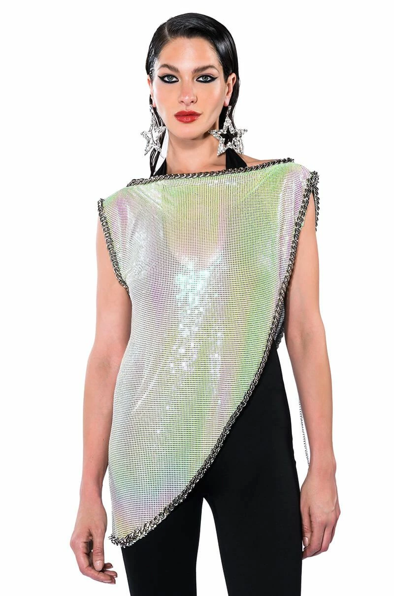 ICY SHORT SLEEVE ASYMMETRICAL HI SHINE CHAINMAIL BLOUSE - Image 3